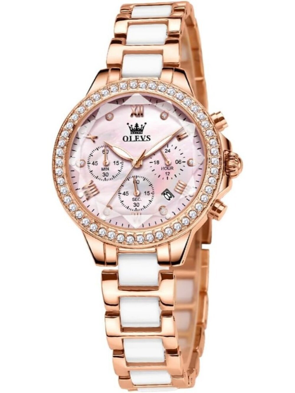 Olevs Women's Pink Skeleton Diamond Rose Gold Automatic Elegant Luxury Watch